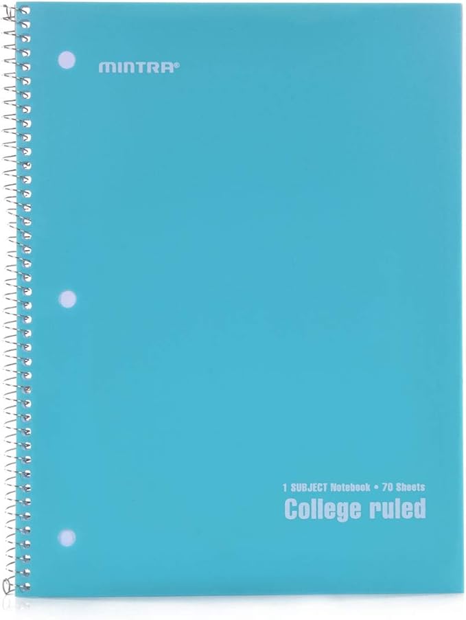Mintra Office Spiral Notebooks - 1 Subject, Poly Cover, 70 Sheets, College Ruled, 8in x 10in, Bulk Pack, Primary Color Waterproof Covers, Set of 6 - for School, Office, Business, Professional (04659)