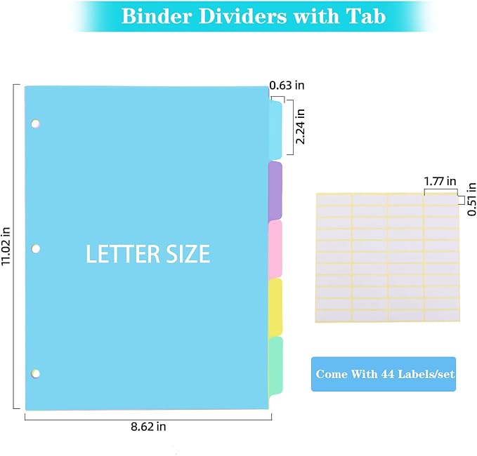 5 Tab Binder Dividers with Tabs,for 3 Ring Binder,Plastic File Dividers, Pastel Color,Letter Size,6 Sets