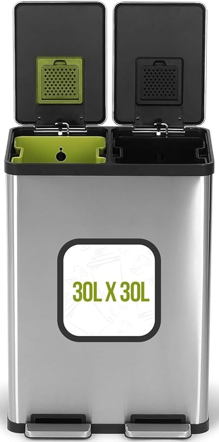SIMPLI-MAGIC 16 Gallon (60L) Dual Compartment Step Trash Can – Kitchen Garbage Can with Waste & Recycling Bins – Slow-Close Lid, Odor Control, Hands-Free, Inner Bases, Premium Stainless Steel