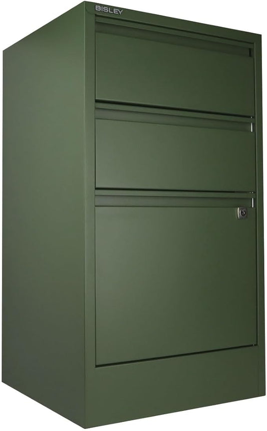 Bisley 3-Drawer Flush Front Vertical File Cabinet - Olive Green, 2 Utility Drawers + 1 Hanging File Drawer, Powder-Coated Steel, Locking Bottom Drawer