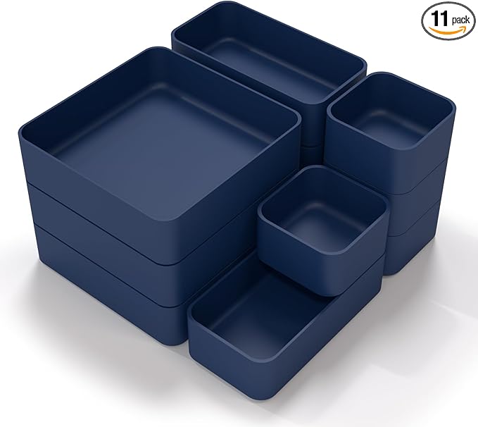 CHANCETSUI 11-Piece Stackable Drawer Organizer Set, Multi-size Desk Drawer Organizer Trays Vanity Storage Bins for Storing Makeup, Stationery, Utensils in Bathroom Dresser, Office and Kitchen