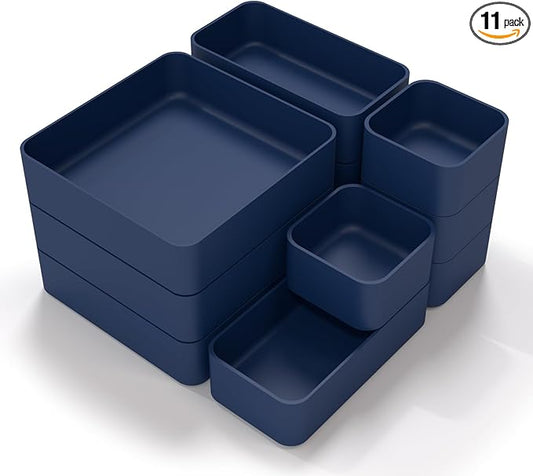 CHANCETSUI 11-Piece Stackable Drawer Organizer Set, Multi-size Desk Drawer Organizer Trays Vanity Storage Bins for Storing Makeup, Stationery, Utensils in Bathroom Dresser, Office and Kitchen