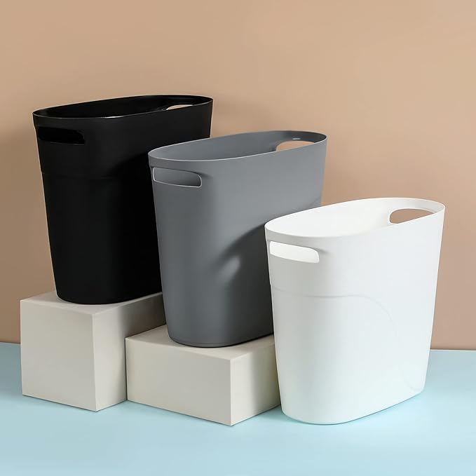 JiatuA Plastic Small Trash Can Slim Waste Basket with Handles 3.2 Gallon Narrow Garbage Container Bin for Bathroom, Bedroom, Kitchen, Home Office Under Desk, Dorm, Laundry Room, Kids Roomm, Black