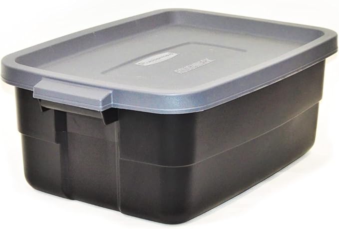 Rubbermaid 6-Pack Totes for Storage with Lids, Heavy Duty Plastic Storage Bins with Lids, Black Gray, 10 GAL - Stackable for Garage, Attic, Camping (10 GAL - 6 Pack Solid Black and Grey)
