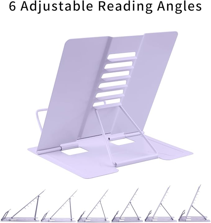 MSDADA Desk Book Stand Metal Reading Rest Book Holder Adjustable Cookbook Documents Holder for Recipes Textbooks Tablet Music Books, Mom Gifts, Gifts for Grandma Mom Mothers Day(Light Purple)