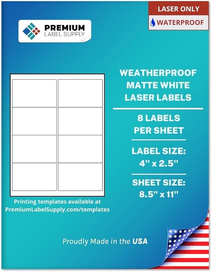 Premium Label Supply Waterproof White Address Sticker Labels – 4" x 2.5" – Laser Printers Only – (8 per Sheet), 10 Sheets - 80 Total Adhesive Labels