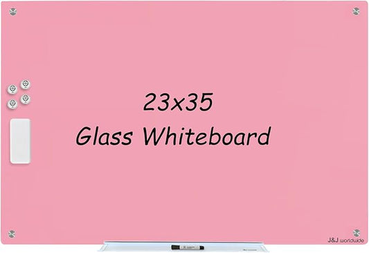 Magnetic Whiteboard, Pink Dry Erase Board 3' x 2', Tempered Glass White Board Frameless, Home School Supplies or Home Office Decor with Magnets, Markers, Eraser, Marker Tray