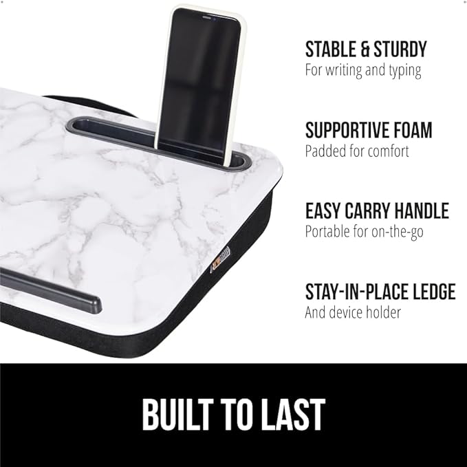 GORILLA GRIP Laptop Lap Desk with Phone Holder, Pillow Cushion Desks Fit Laptops up to 15.6", Tray Ledge Keep Computers in Place, Portable Travel Workstation Essentials for Home, Dorm, Marble Pattern
