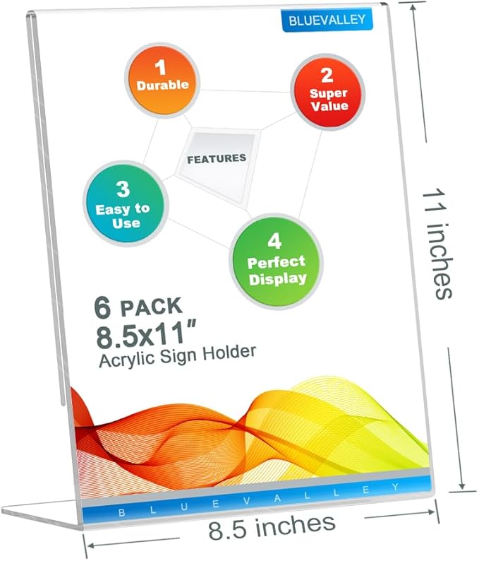BlueValley Acrylic Sign Holder 8.5 x 11 Table Display Stand – Vertical Clear Plastic Paper Sign Frame for Flyer, Menu, Document – Free Standing Desk Photo Holder for Office, Home, Store, School, 6Pack