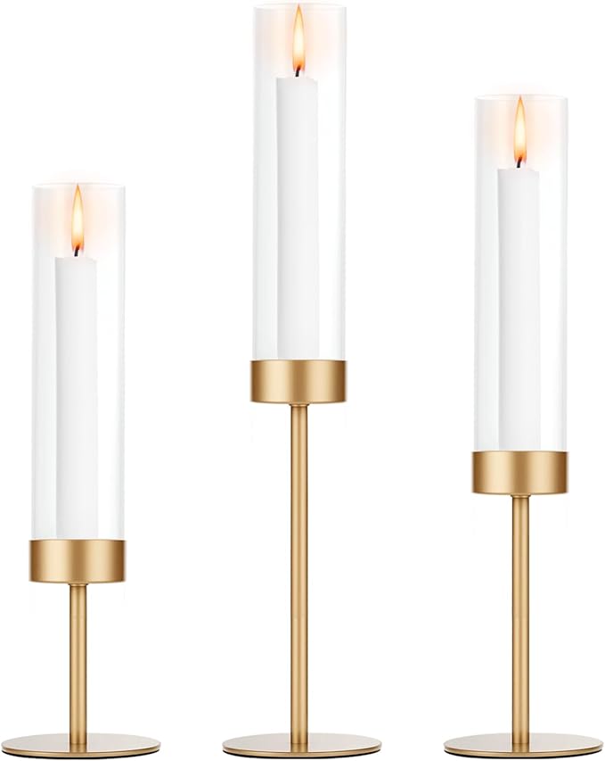 Tall Candle Holders Set of 3, Hurricane Glass Taper Candlestick Holders for Wedding, Christmas Decor, Dining Table, Party Centerpieces