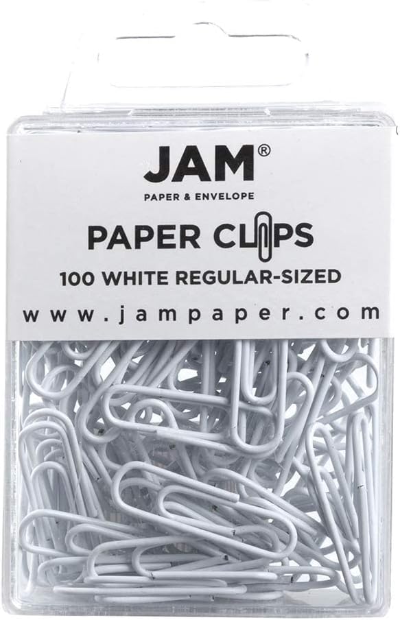 JAM PAPER Colorful Standard Paper Clips - Regular 1 Inch - White Paperclips - 100/Pack