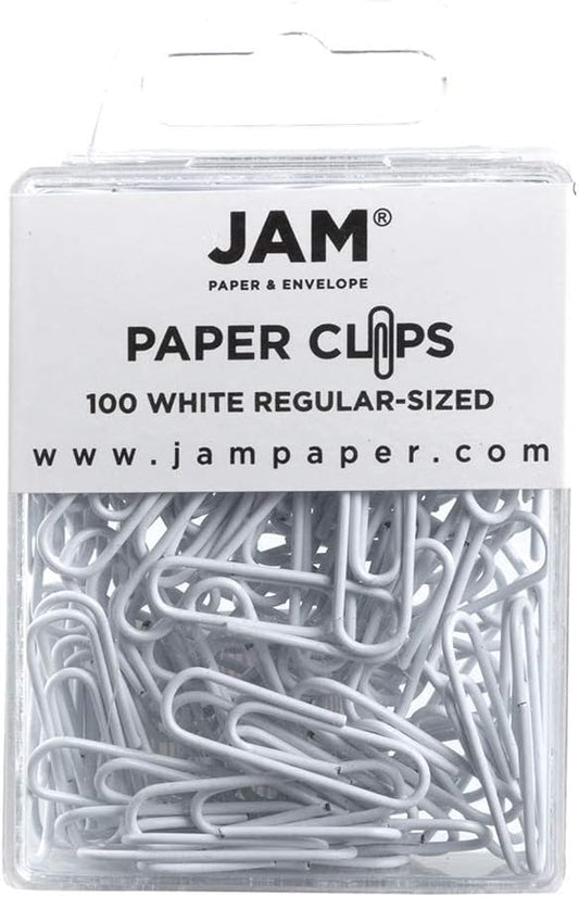 JAM PAPER Colorful Standard Paper Clips - Regular 1 Inch - White Paperclips - 100/Pack