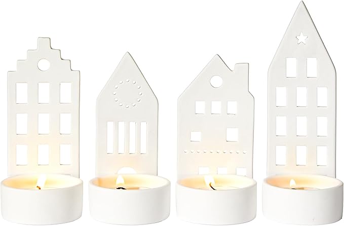 DN DECONATION House Tealight Candle Holders Set of 4 – Christmas Candle Holder Centerpieces for Tables, Modern Christmas Decorations Mantel Candlestick Holders Holiday Table Decor Ceramic