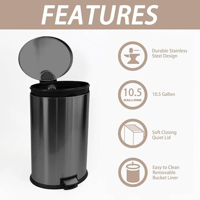 Trash Can with Lid - Assembled in USA 40 Liter/10.5 Gallon Stainless Steel Trash Can with Odor Protection Kitchen Garbage cans with Soft-Close Foot Pedal for Bathroom Home Office, Black