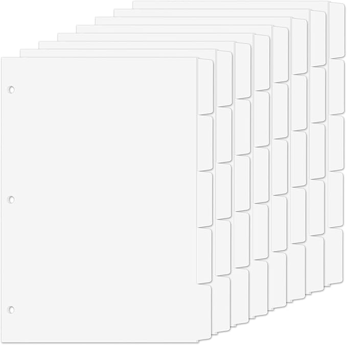 Binder Dividers for 3 Ring Binder, 1/5 Cut Tabs, Letter Size, Blank Write On Page Dividers with 5 Big Tabs for School Office Home, 8 Sets, 40 Dividers, White