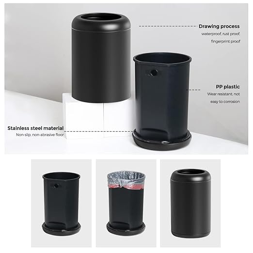Black Metal Trash can,10L/2.6GAL,Open Top Wastebasket Bin,Garbage Can for Bathroom,Living Room,Office,Kitchen,Bedroom,Hotel (Black)