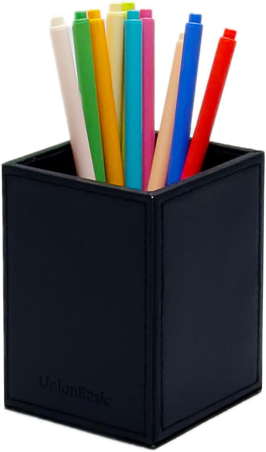 UnionBasic Square Pen Holder, Leather Pencil Cup, Desktop Caddy Stationery Organizer, Black
