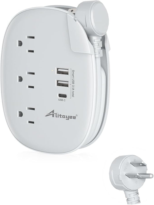 Alitayee USB C Portable Travel Power Strip with 3 Outlets 3 USB Ports Fast Charge, USB Extendable Outlet Extender with Flat Plug and 3ft Wrapped Around Extension Cord for Cruise Travel Home Office