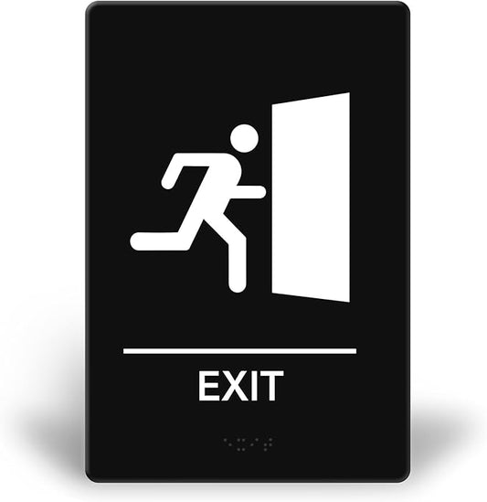 Promot Exit Sign – ADA Braille Exit Sign for Business, Self-Adhesive, 9" x 6", Commercial Door Signage, Office Wall Decor - Black