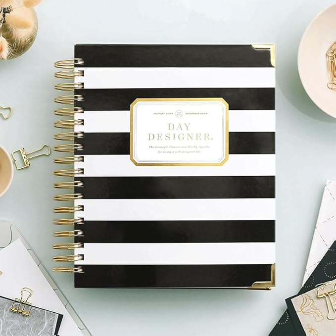 Day Designer 2026 Weekly Planner – Premium Planner for Stylish Organization. Combines Weekly & Monthly Calendars, Daily Schedule, Notes Pages, Goal Setting, Stickers, Pocket & More. Elegant Laminated Cover with Gold Accents (Black Stripe Design - 2026)