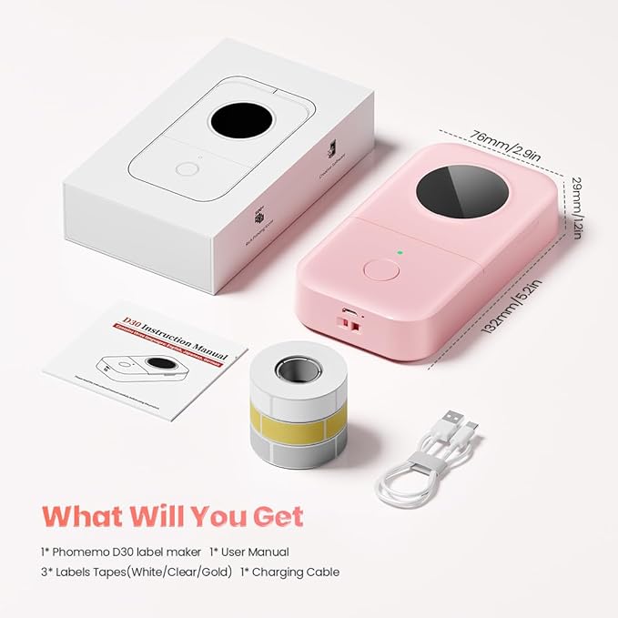 Phomemo D30 Label Maker Machine with 3 Tapes - White Clear Gold Labels, Portable Handheld Bluetooth Mini Label Maker Printer, Multiple Templates for Smartphone Thermal Small Label Printer Rechargeable
