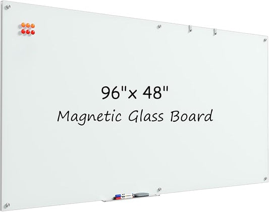MaxGear Glass White Board 96x48 Inches, Wall Mounted Magnetic Glass Dry Erase Board, Extra Large Frameless Whiteboard with 1 Eraser,3 Markers and 6 Magnets for Office, School, Home