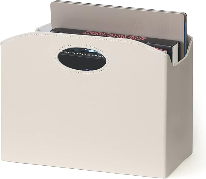 EZDeco Magazine Holder Foldable Magazine Rack Floor PU Leather File Holder Newspaper Book Storage Basket Document File Folder Organizer for Office Home (Off-white-1)