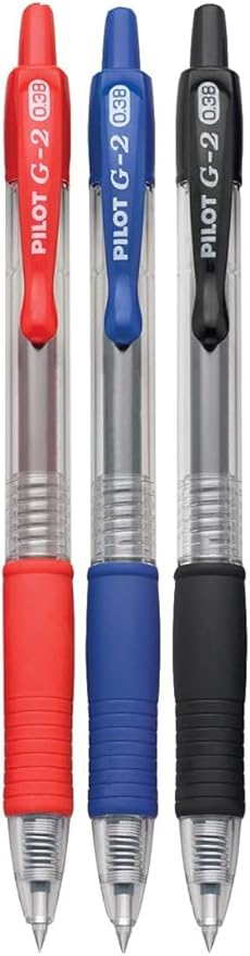 G2 Retractable Premium Gel Ink Roller Ball Pens Ultra Fine Point (.38mm) Black/Blue/Red Ink 3 pack; Refillable & Premium Comfort Grip Bundle with Plastic Reusable Pouch