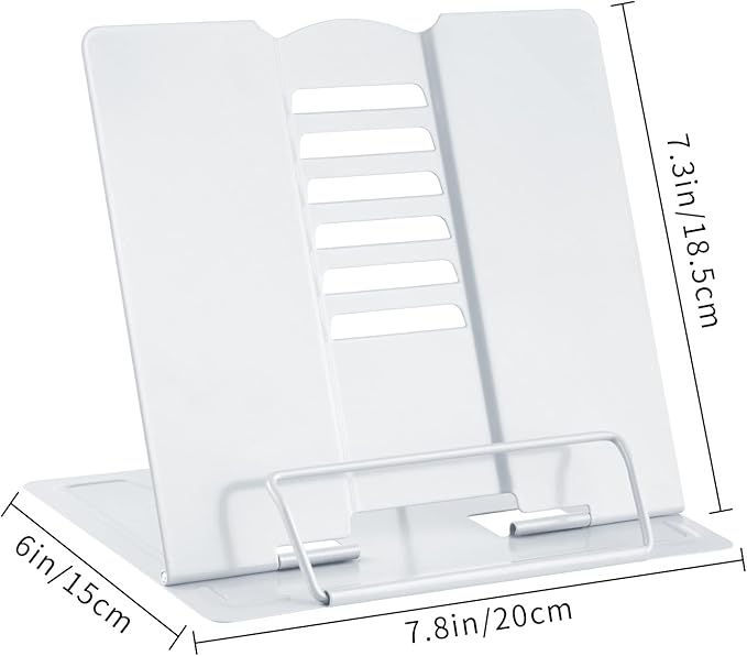 MSDADA Desk Book Stand Metal Reading Rest Book Holder Adjustable Cookbook Documents Holder Bookstands for Recipes Textbooks Music Books Birthday Gift for age 3,4,5,6,7,8,9,10+ Boys Girls (White)