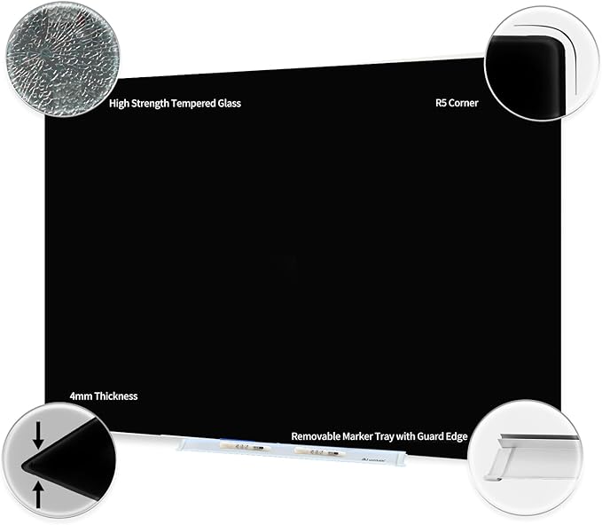 Magnetic Whiteboard, Black Dry Erase Board 4' x 3', Tempered Glass White Board Frameless, Home School Supplies or Home Office Decor with Magnets, Markers, Eraser, Marker Tray