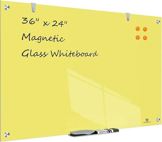 TSJ OFFICE Glass Dry-Erase Board - 36 x 24 Inches Wall Mounted Magnetic Whiteboard, Large Frameless Glass White Board for Office, Home & School, Yellow