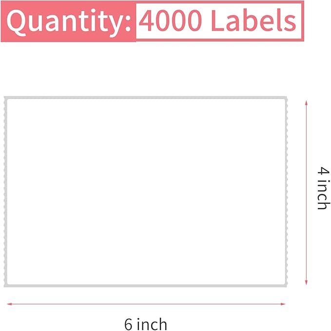 L LIKED 4000 Thermal Labels 4" x 6" Perforated Industrial Thermal Shipping Labels with 3" Core, (Commercial Grade)