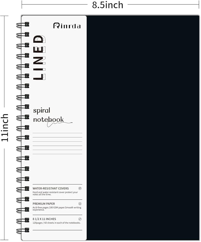 Large Lined Notebook Spiral Notebook 8.5" x 11"-4 Pack LINED Notebook 7mm Ruled Hardcover Notebook 120 Pages 100 GSM Thick Paper Notebook Hardcover Journal for School, Office,Study and Notes