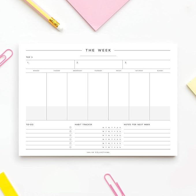 Bliss Collections Weekly Planning Pad, To Do List Notebook - Undated Tear-Off Sheets Notepad - Work Calendar, Organizer, Scheduler for Goals, Tasks - Minimalist, 8.5" x 11", 50 Sheets