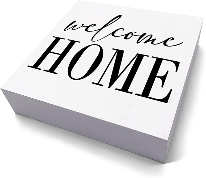 HTBIG Welcome Home Sign Home Decor Desk Decor Wooden Box Sign Rustic Black Wood White Plaque Box Sign for Women Family Friends Farmhouse Living Room Kitchen Bedroom Shelf Table Decoration