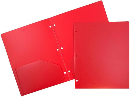 JAM PAPER Heavy Duty Plastic 3 Hole Punch Pocket Folders - Extra Tough School Folders - Red - 3/Pack