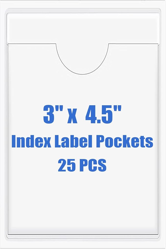 Origin-Joy 25 PCS Self-Adhesive Index Label Pockets, Clear Plastic Peel & Stick Card Holders with Top Open for Loading (3 x 4.5 inch)