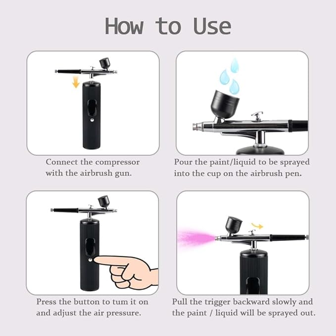 48PSI High-Pressure Airbrush Kit with Compressor, 0.3mm Nozzle & 4000mAh Battery - Handheld Portable Spray Gun for Nail Art, Makeup, Painting, Graffiti, Cake Decorating,Model Coloring (Black)