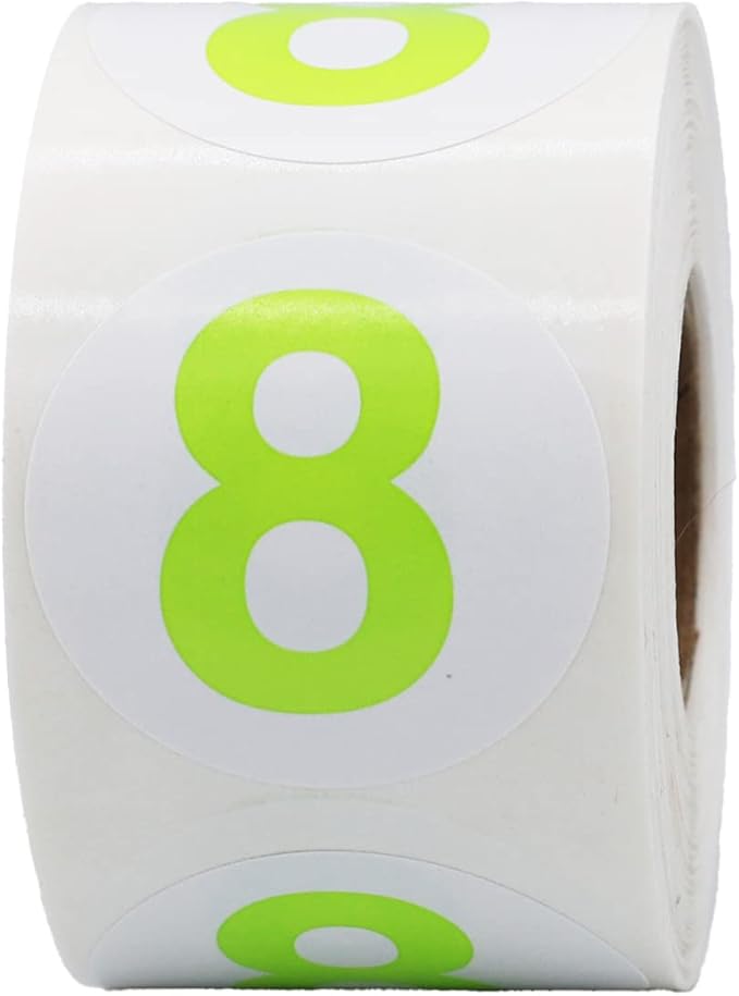 Hot Green Number 8 Circle Stickers, 1.5 Inch Round Adhesive Labels, 500 Stickers Per Roll for Inventory, Organization, Retail, Classroom, and More – Made in The USA