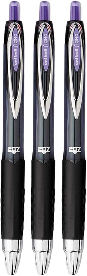 Signo 207 Roller Ball Retractable Gel Pens, Medium Point (0.7mm), Purple Ink, 3 Count, Bundle with Plastic Reusable Pouch