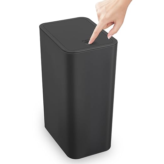 TrashAid Bathroom Trash Can, 2.6 Gallon / 10 Liter Small Garbage Can with Press Top Lid, Plastic Wastebasket with Pop-up Lid for Toilet, Office, Bedroom, Living Room, Black