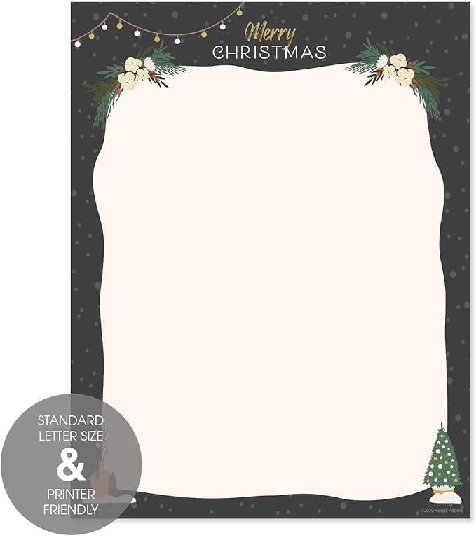 Greenery Merry Christmas Black Letterhead / 50 Sheets / 8.5" x 11" Festive Tree Lights Holiday Paper/Decorative Winter Stationery
