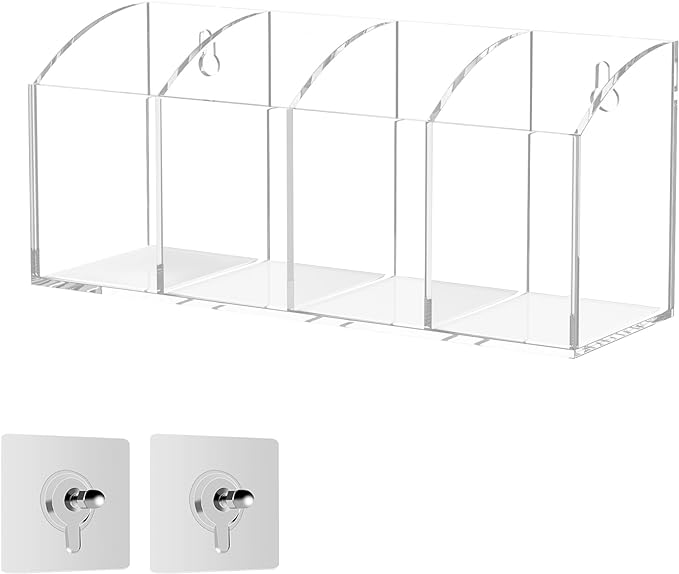Acrylic Pen Holder 4 Compartments, Clear Pen Organizer Makeup Brush Holder, No Drill Wall Mounting Pencil Holder Office Accessories