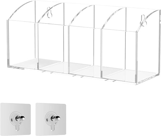 Acrylic Pen Holder 4 Compartments, Clear Pen Organizer Makeup Brush Holder, No Drill Wall Mounting Pencil Holder Office Accessories