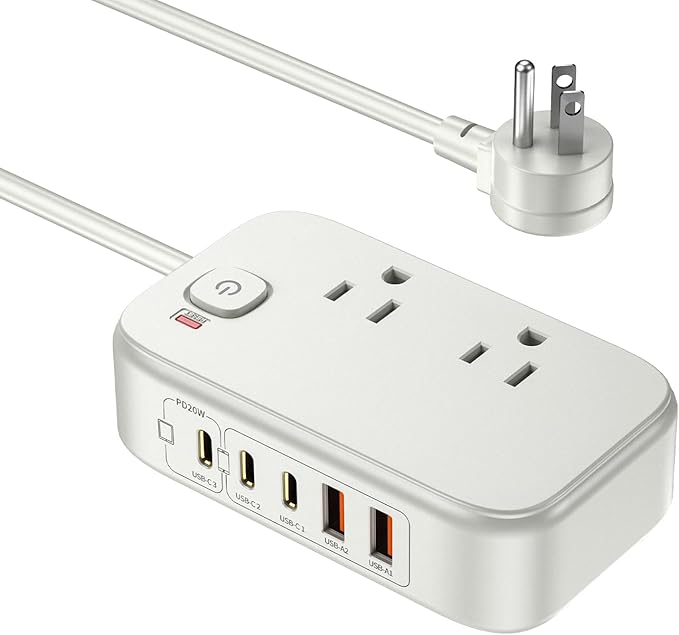 Power Strip with USB C Ports,30W USB C Charging Station,Surge Protection 1200J, 5FT Flat Extension Cord USB Charger Hub for Multiple Devices (Pearl White)