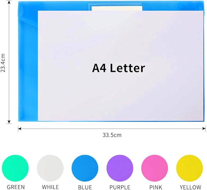 24 Pack Plastic Poly Filing Envelopes, Clear Document Folders US Letter A4 Size File Envelopes with Label Pocket & Paste Button for School Home Work Office Organization, 6 Assorted Color