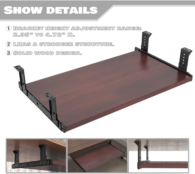FRMSAET Furniture Accessories Office Product Suits Hardware 20/24/30 inches Keyboard Drawer Tray Wood Holder Under Desk Adjustable Height Platform. (24 inches, Mahogany)