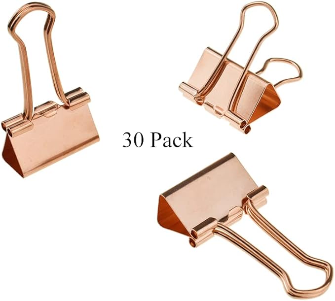 HAHIYO Binder Clips Paper Clamps Spring Steel Sturdy Small 0.75 inch Width 0.2 Inch Capacity No Sharp Edges Heavy Duty Tight Grip Reusable Rose Gold Metal Bright Finish for Home Office School 30 Pack