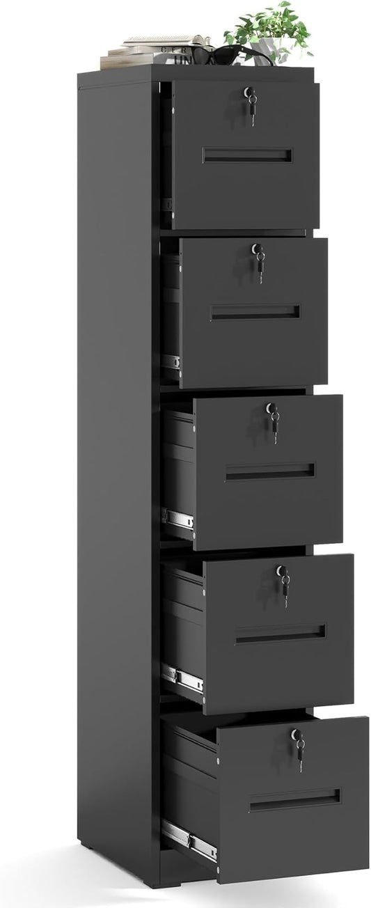 5 Drawer Metal File Cabinet with 5 Unique Locks Black Heavy Duty Locking File Cabinets Home Office Steel Filing Cabinet Vertical File Cabinets for Legal/Letter Size File,Assembly Required