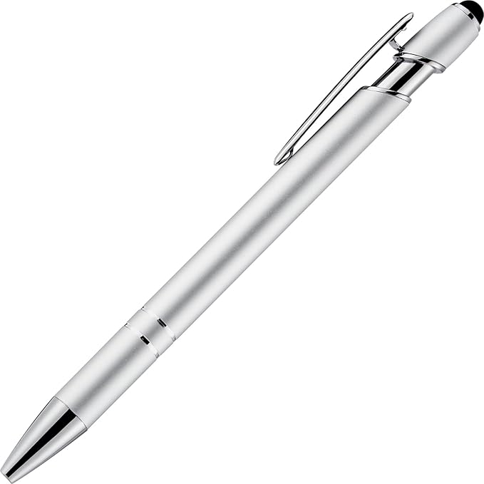 LINFANC 12 Pack Silver Ballpoint Pen with Stylus Tip, 1.0 mm Black Ink Smooth Writing Pens, Metal Stylus Pens for Touch Screens